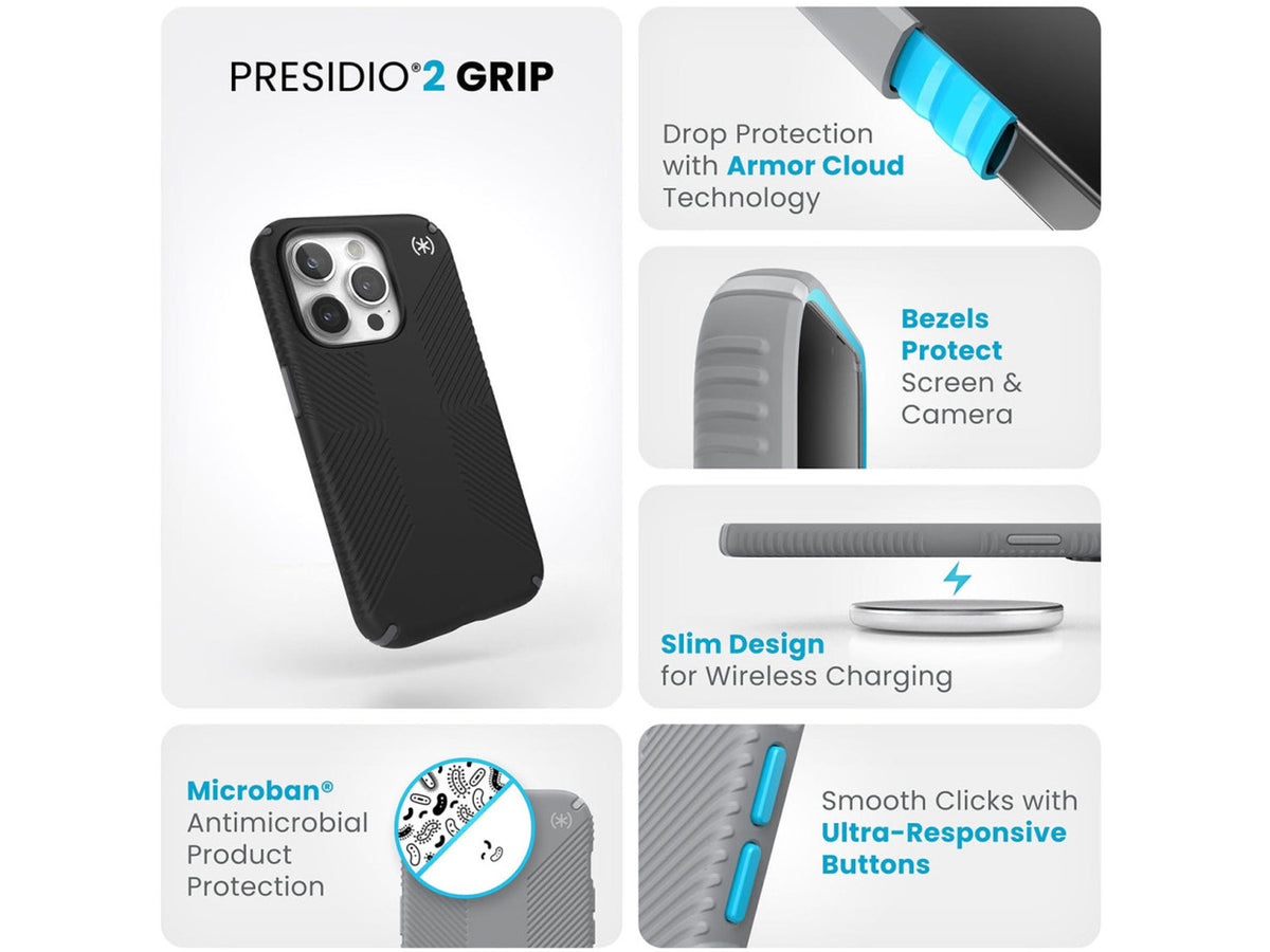 Speck iPhone 15 Pro Presidio2 Grip, Black/Slate Grey