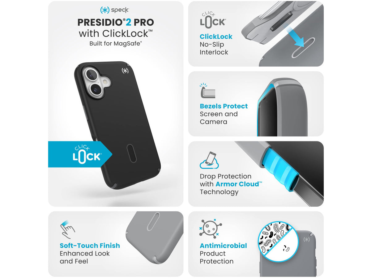 Speck Presidio2 Pro, за iPhone 16, MagSafe + ClickLock, Black/Slate Grey