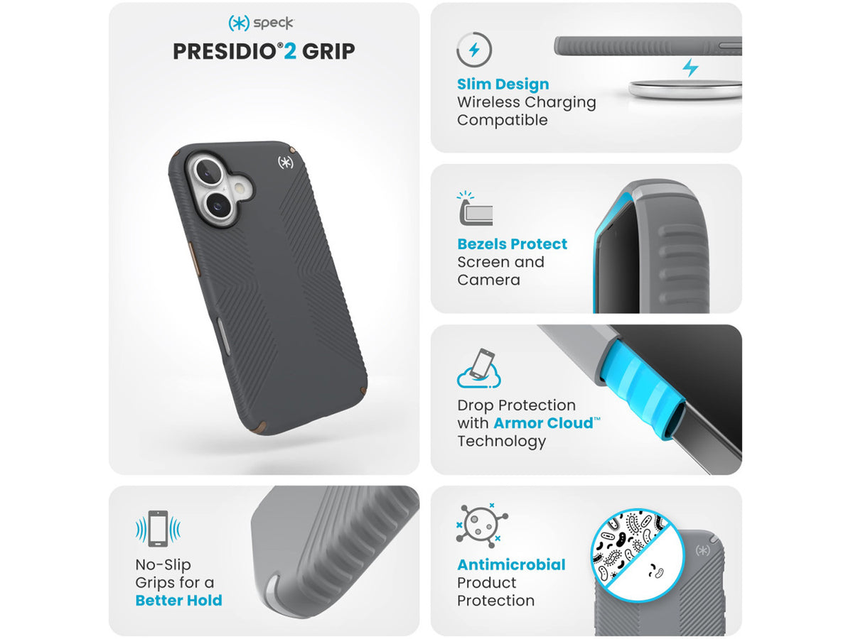 Speck iPhone 16 Presidio2 Grip, Charcoal Grey