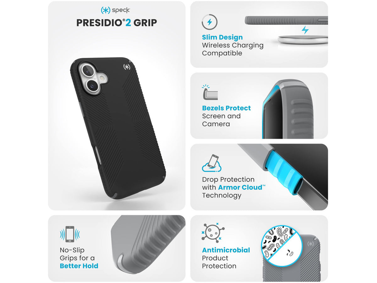 Speck iPhone 16 Plus Presidio2 Grip, Black/Slate Grey