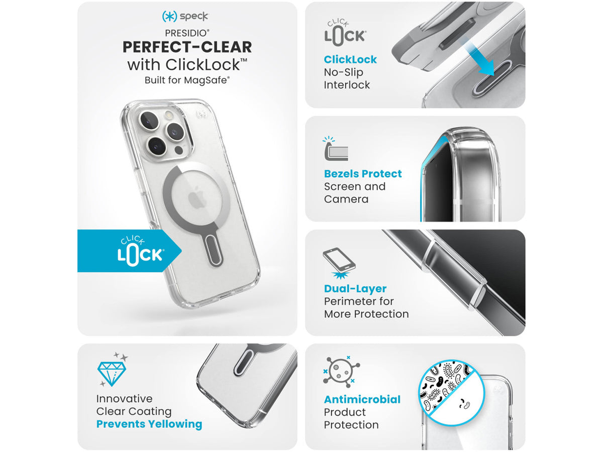 Speck Presidio Perfect-Clear MagSafe With Click&Lock iPhone 16 Pro, Clear/Chrome