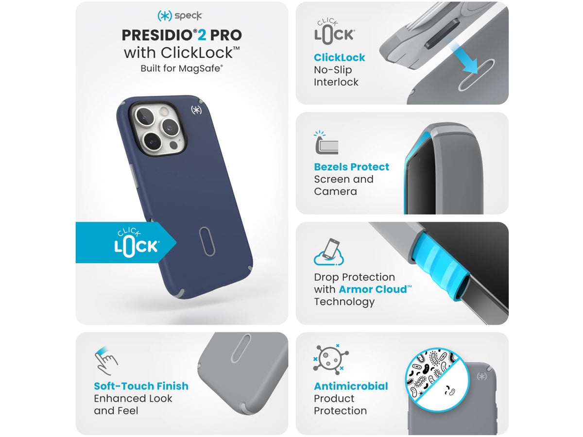 Speck Presidio2 Pro, за iPhone 16 Pro, MagSafe + ClickLock, Coastal Blue
