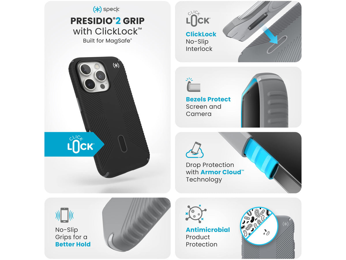Speck Presidio2 Grip, за iPhone 16 Pro Max, MagSafe + ClickLock, Black - Slate Grey