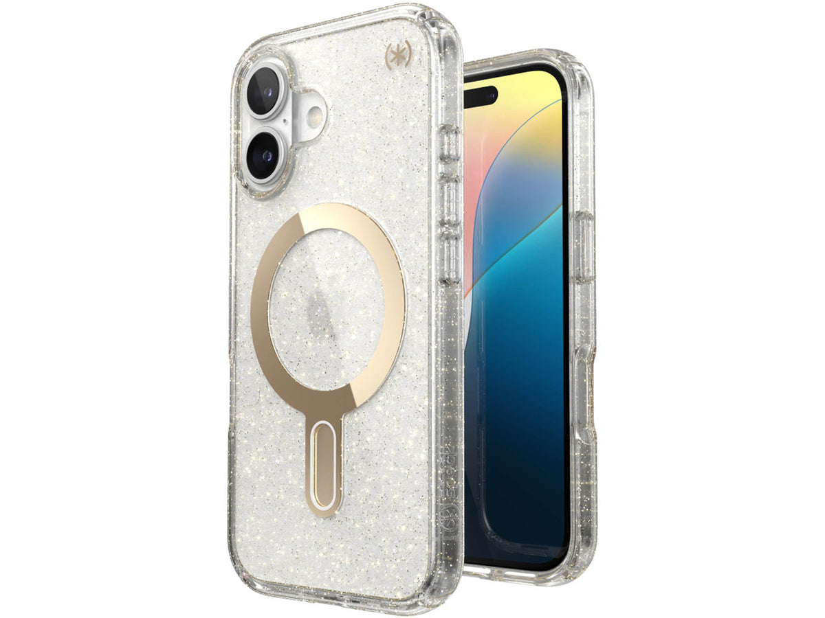Speck iPhone 16, Presidio Lux Glitter MagSafe+ClickLock Clear/Gold Glitter