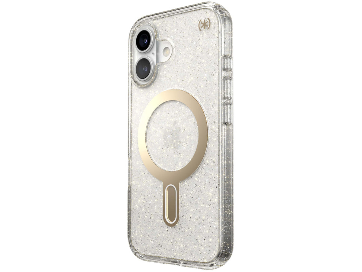 Speck iPhone 16, Presidio Lux Glitter MagSafe+ClickLock Clear/Gold Glitter