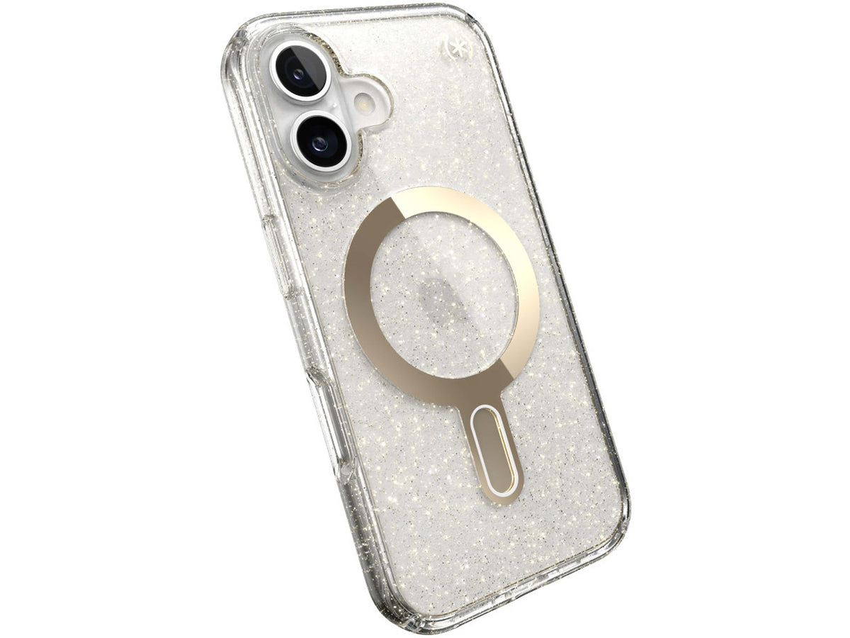 Speck iPhone 16, Presidio Lux Glitter MagSafe+ClickLock Clear/Gold Glitter