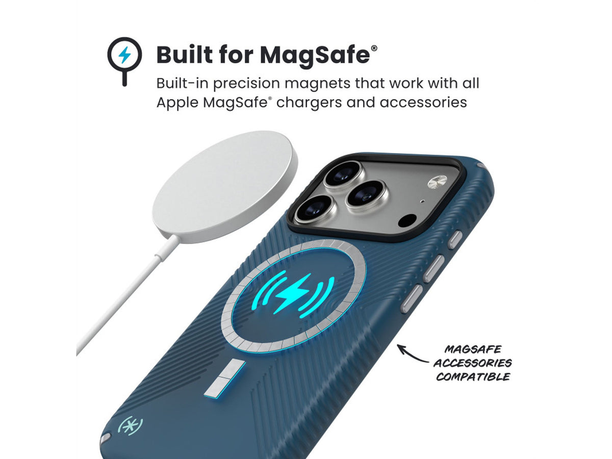 Speck iPhone 17 Pro, Presidio2 Grip, MagSafe, Deep Sea/Silver Metallic
