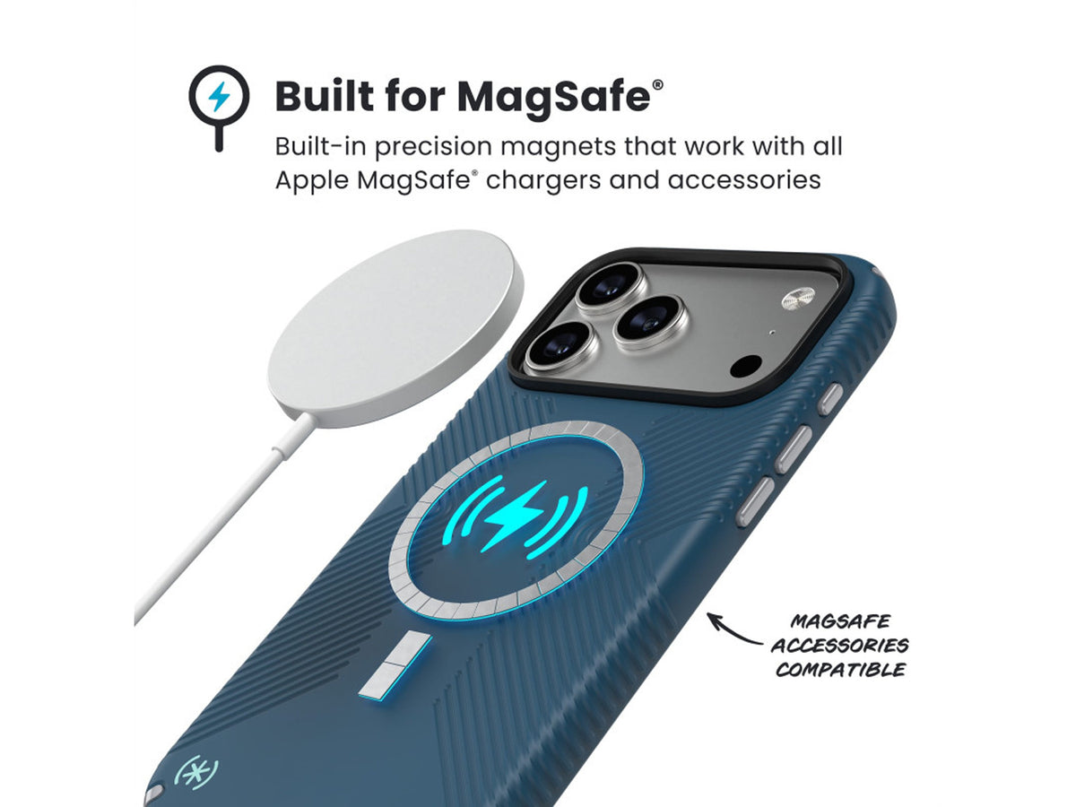 Speck iPhone 17 Pro Max, Presidio2 Grip, MagSafe, Deep Sea/Silver Metallic
