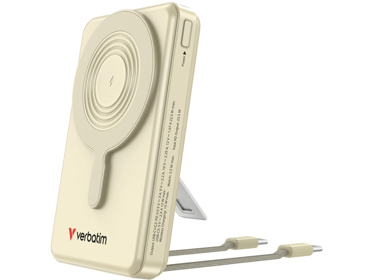 Verbatim Charge 'n' Go Two Cable Power Bank with Display Magnetic Wireless Charging 10,000mAh - Gold
