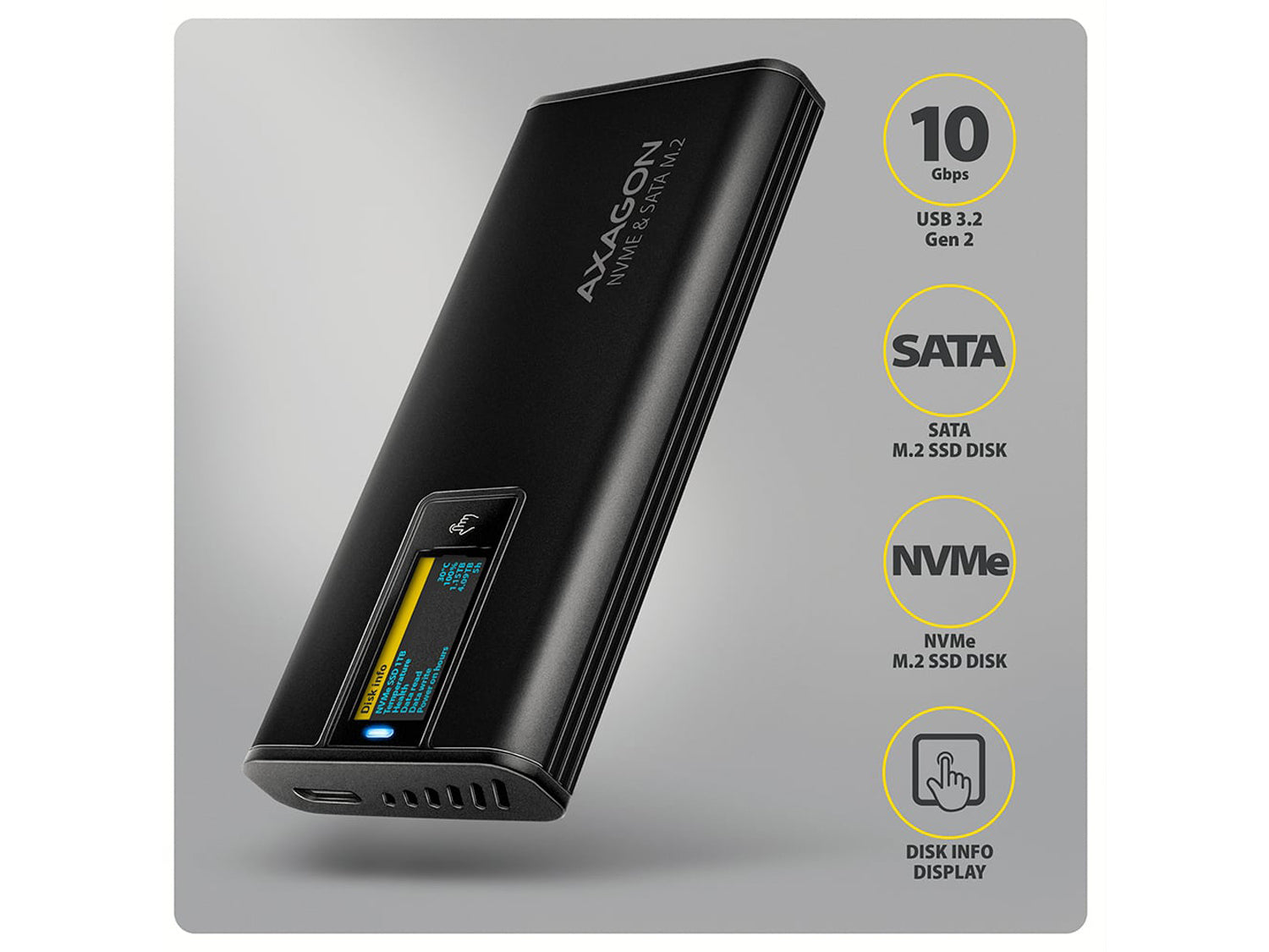 Axagon EEM2-SD2B Display Box USB-C - NVMe M.2